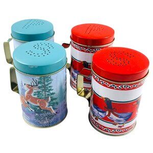 Vintage Christmas-Themed Tin Salt & Pepper Shakers With Handles
